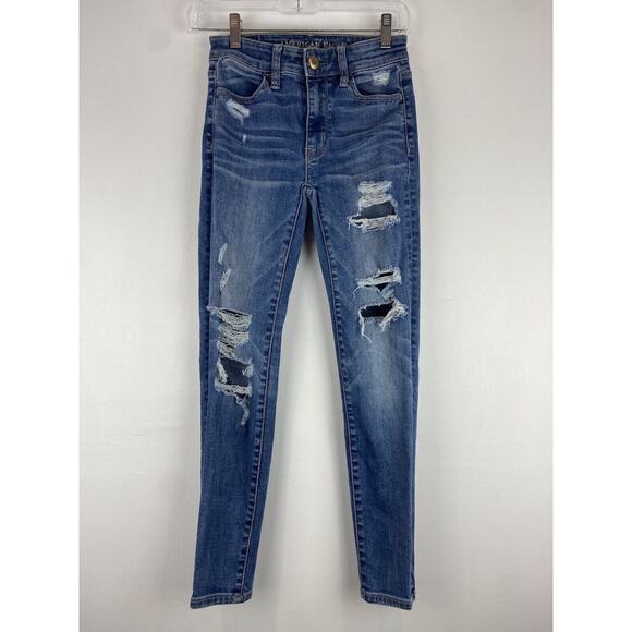 American Eagle Outfitters Denim - American Eagle Womens Stretch High Rise Distressed Blue Jegging Size 00 (1086)